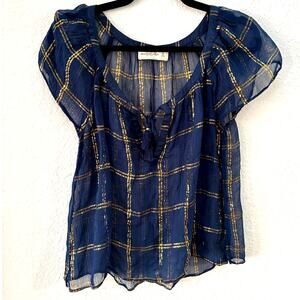 Abercrombie & Fitch A & F Blue Gold Sheer Top India Tassels Size Medium $60 M1